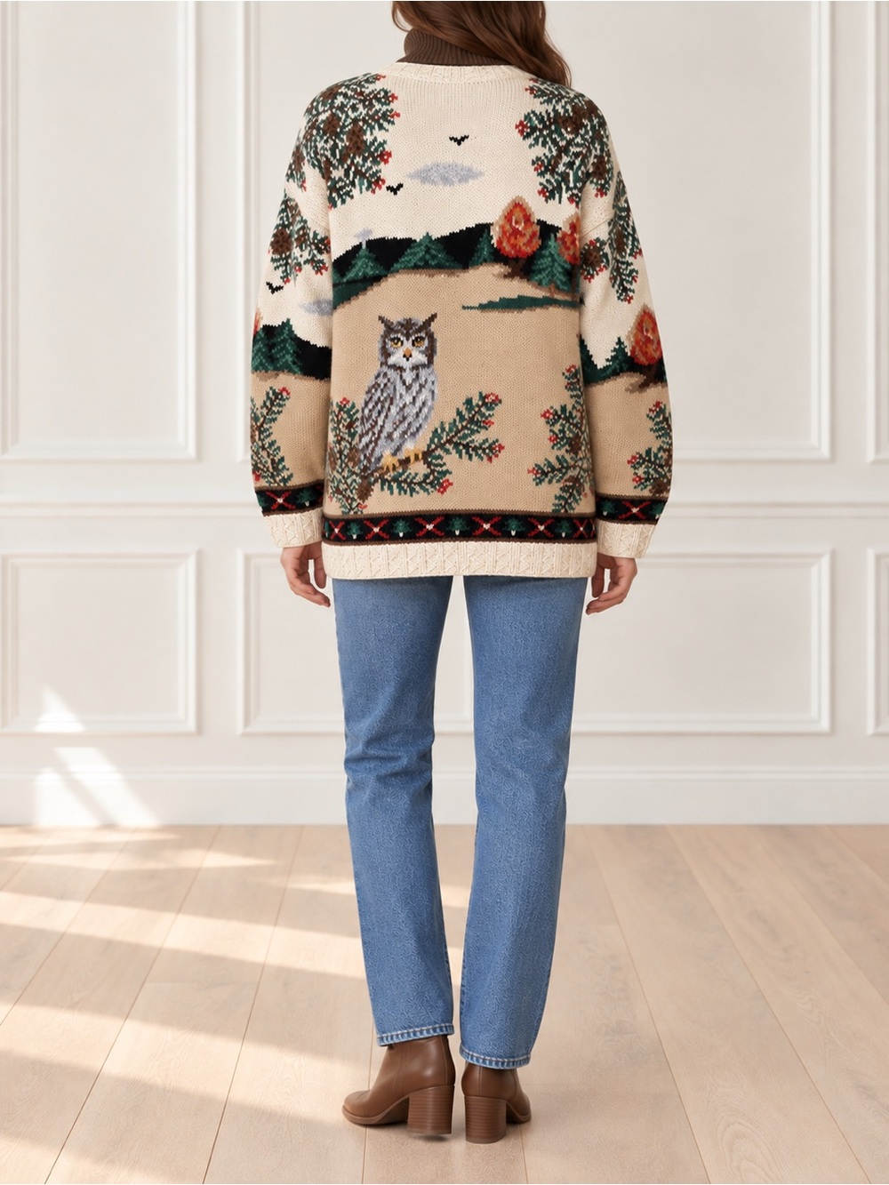 Vintage Northern Isles Hand Knit Cardigan 2X Woodland Deer Owl Novelty Sweater - Picture 5 of 16